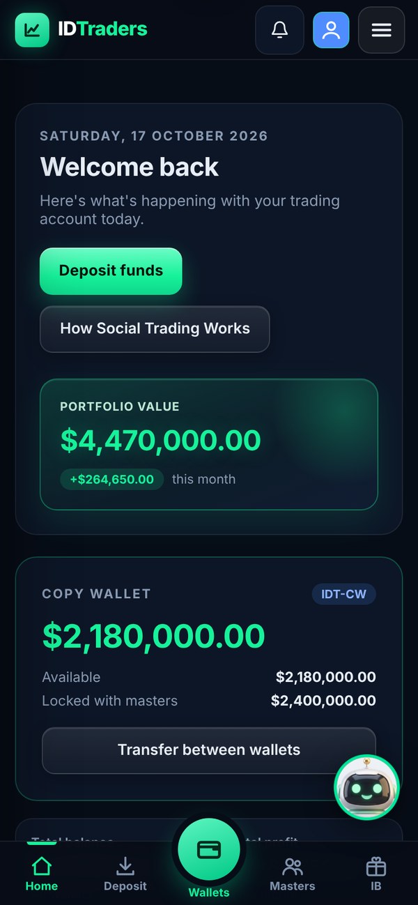 IDTraders member dashboard in the IDT Social app